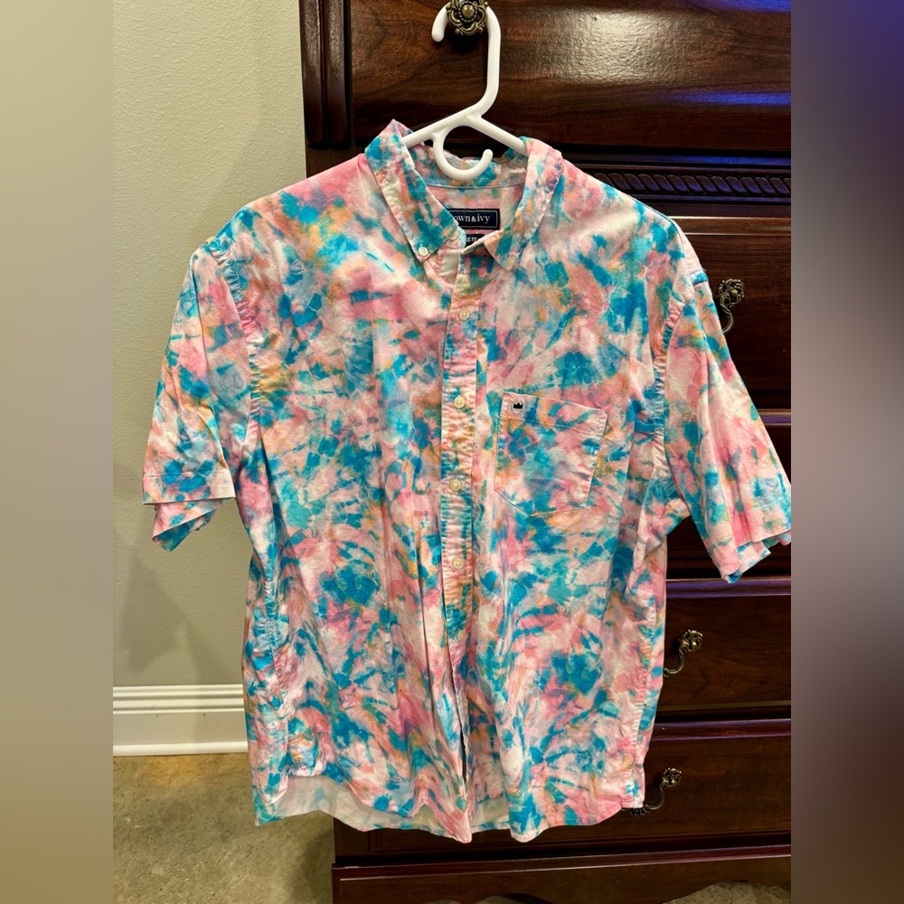 crown & ivy Multicolor Tie-Dye Short-Sleeve Button-Up Shirt - Pink, Blue, Yellow